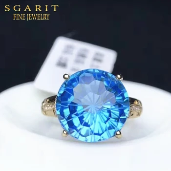 Sgarit Custom Jewellery Ring 18K Gold 9.18Ct Round Swiss Blue Topaz Natural Gemstone Big Stone Ring Women