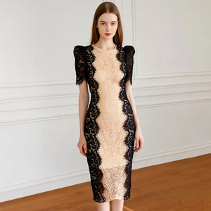 ZYHT 10514 New Fashion Summer Short Sleeve Knee Length Elegant Patchwork Bodycon Women Casual Trendy Lace Dresses