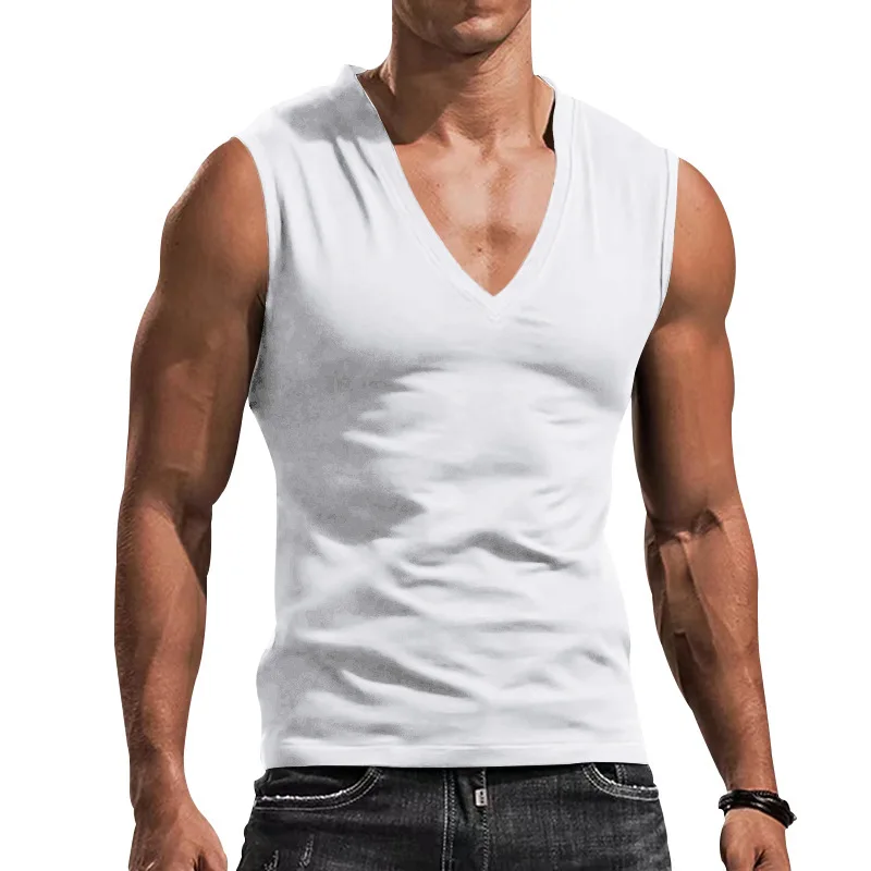 Men's Solid Color V Neck Vest Casual Breathable Sleeveless T-Shirt Vest956_voghion.com