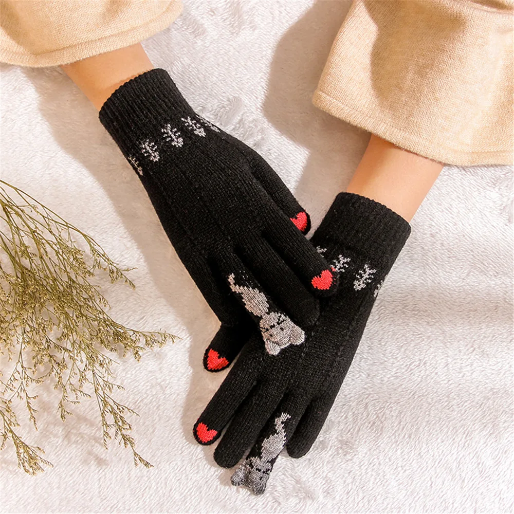 Vintage Christmas Deer Knitted Gloves Women Thicken Touch Screen Gloves Winter Warm Snow Full Finger Mittens Xmas Gift Women Fin