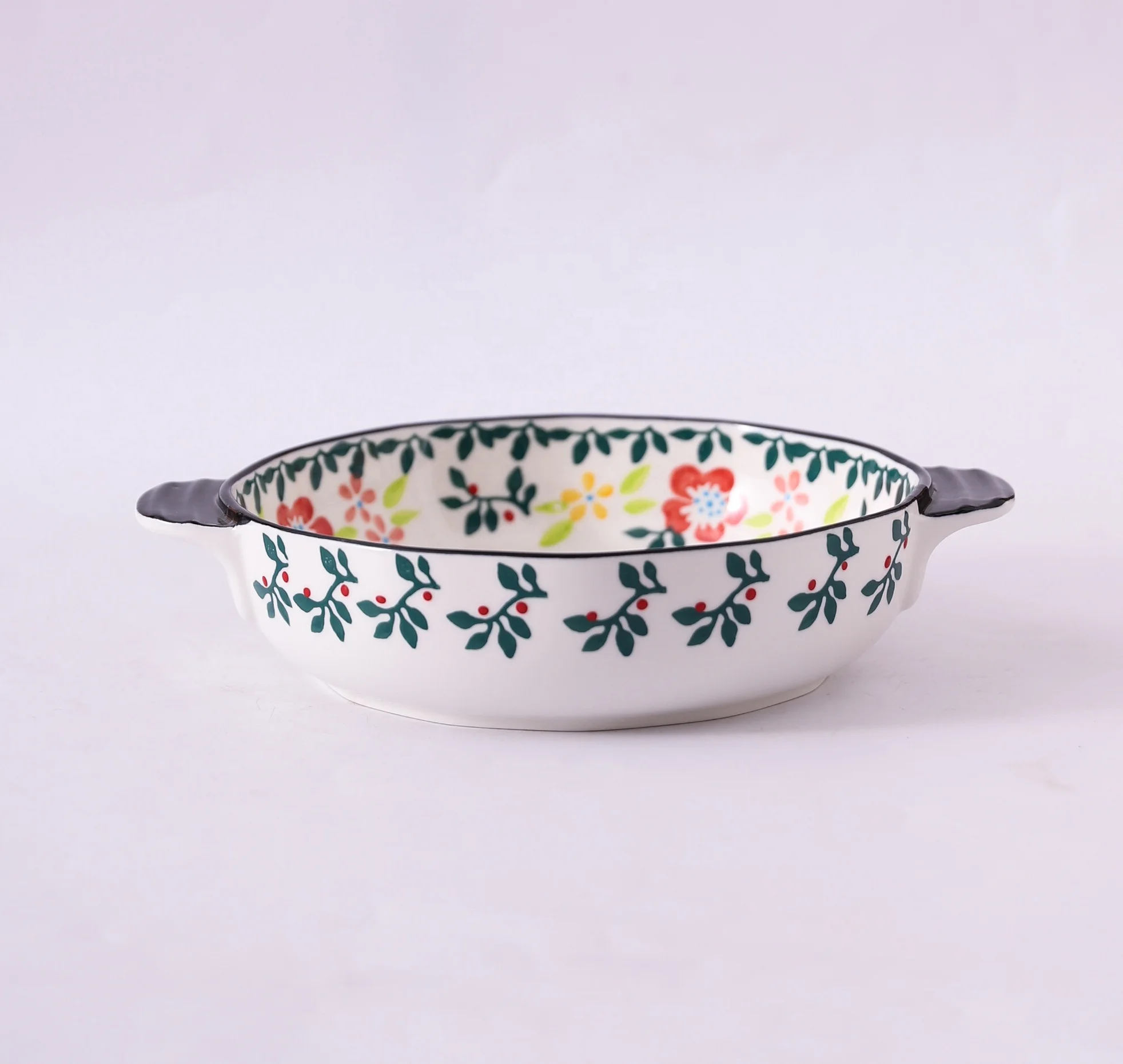 Tigela de Cerâmica Grande de 1200ml com Duas Alças, Tigela de Cerâmica  Pintada à Mão para Salada, Sopa, Frutas com Design de Plantas Florais, image size:1964x1860