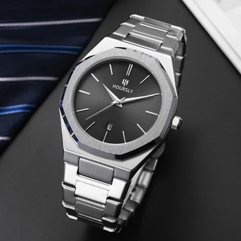 High Quality Casual Business Style Quartz Watch Simple Silver Steel Calendar Pointer Buckle Solid Color Fashionable City Style