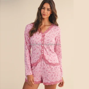 Valentine Floral Print Lace Trim V Neck Long Sleeve Cardigan Top Shorts Set Pink Cute Sleepwear Women