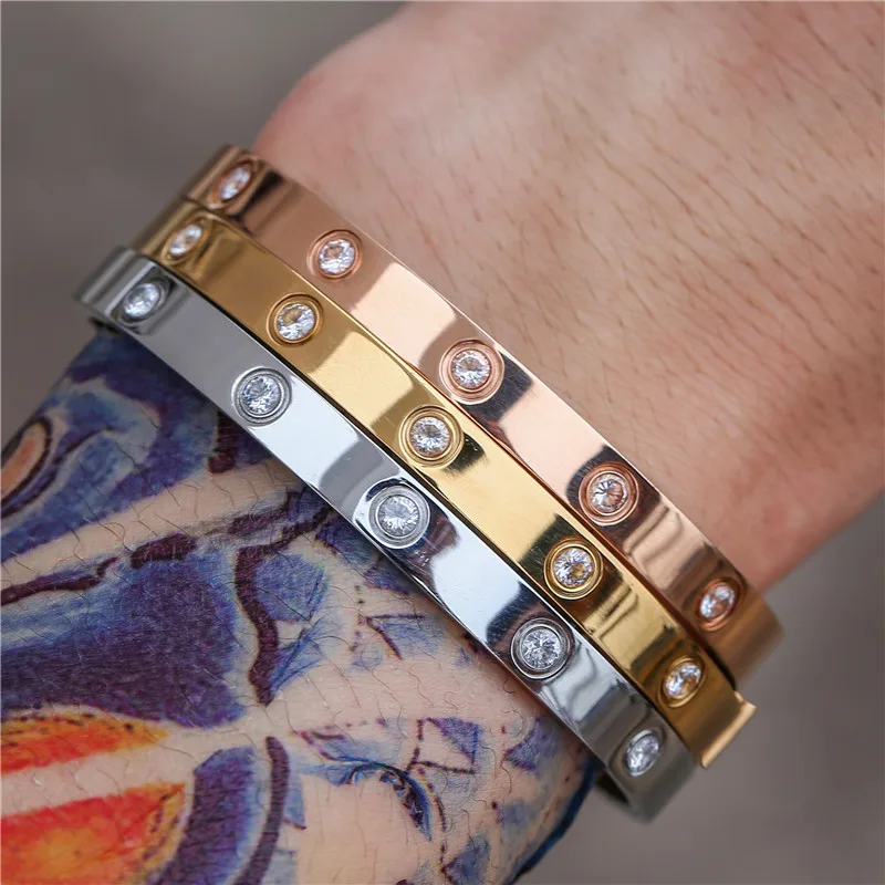 Gold Plated Paved Rhinestone Stainless Steel Bangle Bracelet Dainty Minimalist Jewelry for Men Gift Wholesale Supplies