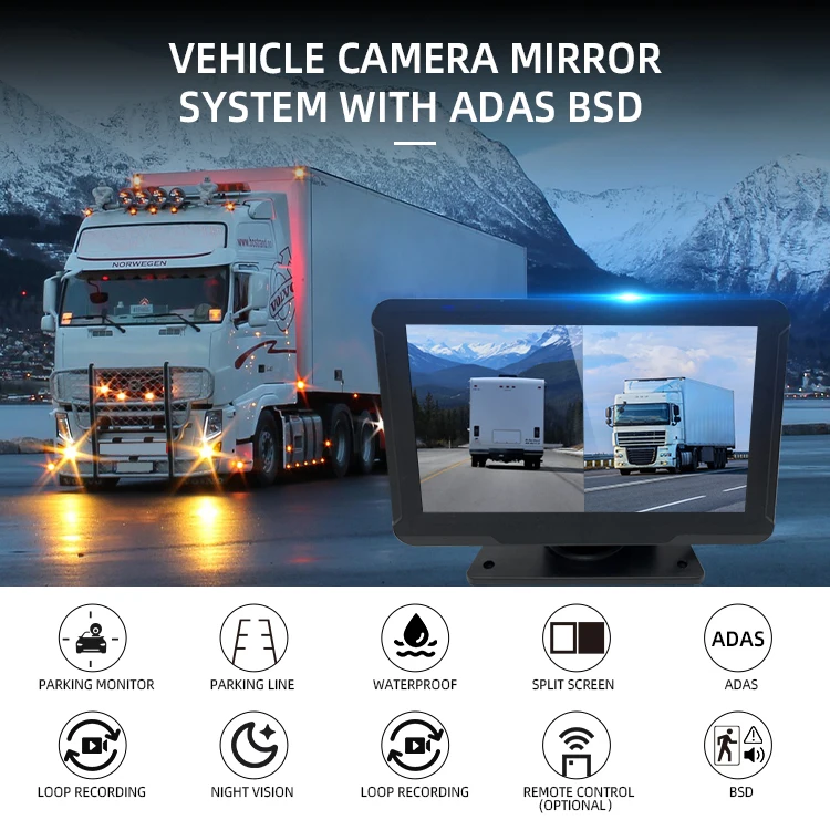 Wemaer 7 Inch Monitor Screen 2 Ways Cameras Truck Security Audible and Visual Alarm BSD ADAS System for Bus RV Vehicle manufacture