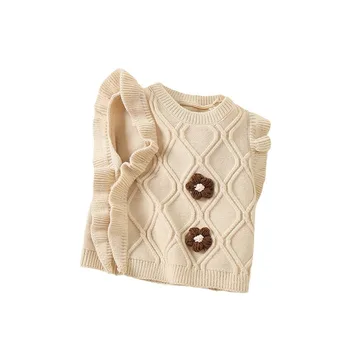 Girls' Baby Sweater Vest Spring New Style with Flower Prismatic Fungus Sweet Fashion Knitted Vest Baby Girl Versatile Vest