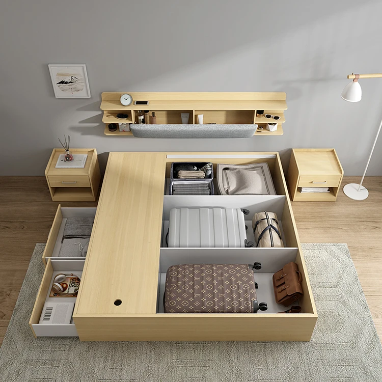 Modern wood panel storage king size bed luxury bedroom sets furniture master bedroom for apartment