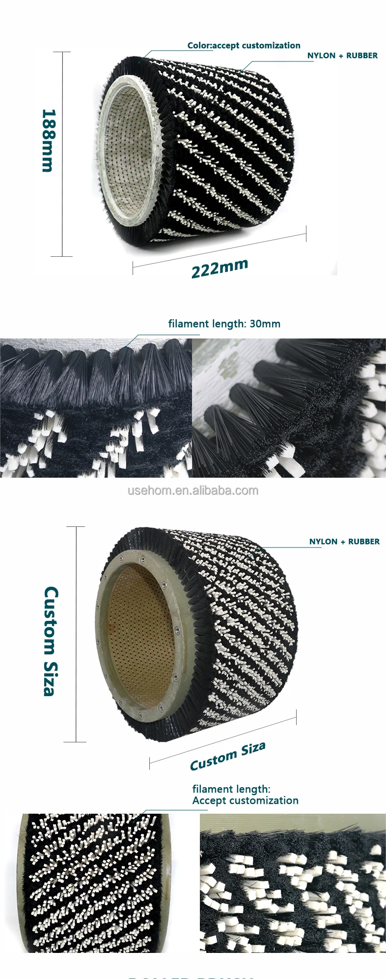 Usehom Industrial Nylon Bristle Roller Cylinder Brush For Cleaning And
