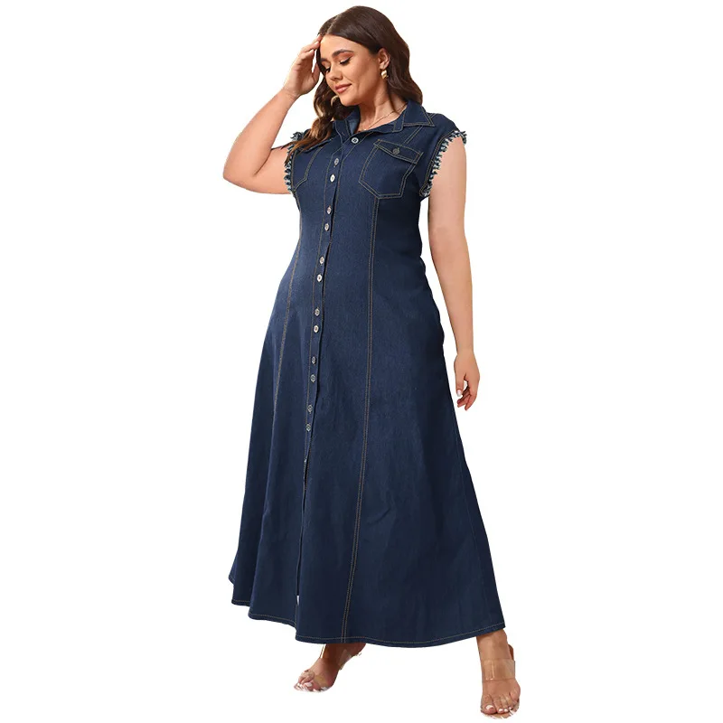 BR4328 Women Plus Size Button Cardigan Denim Long Dress