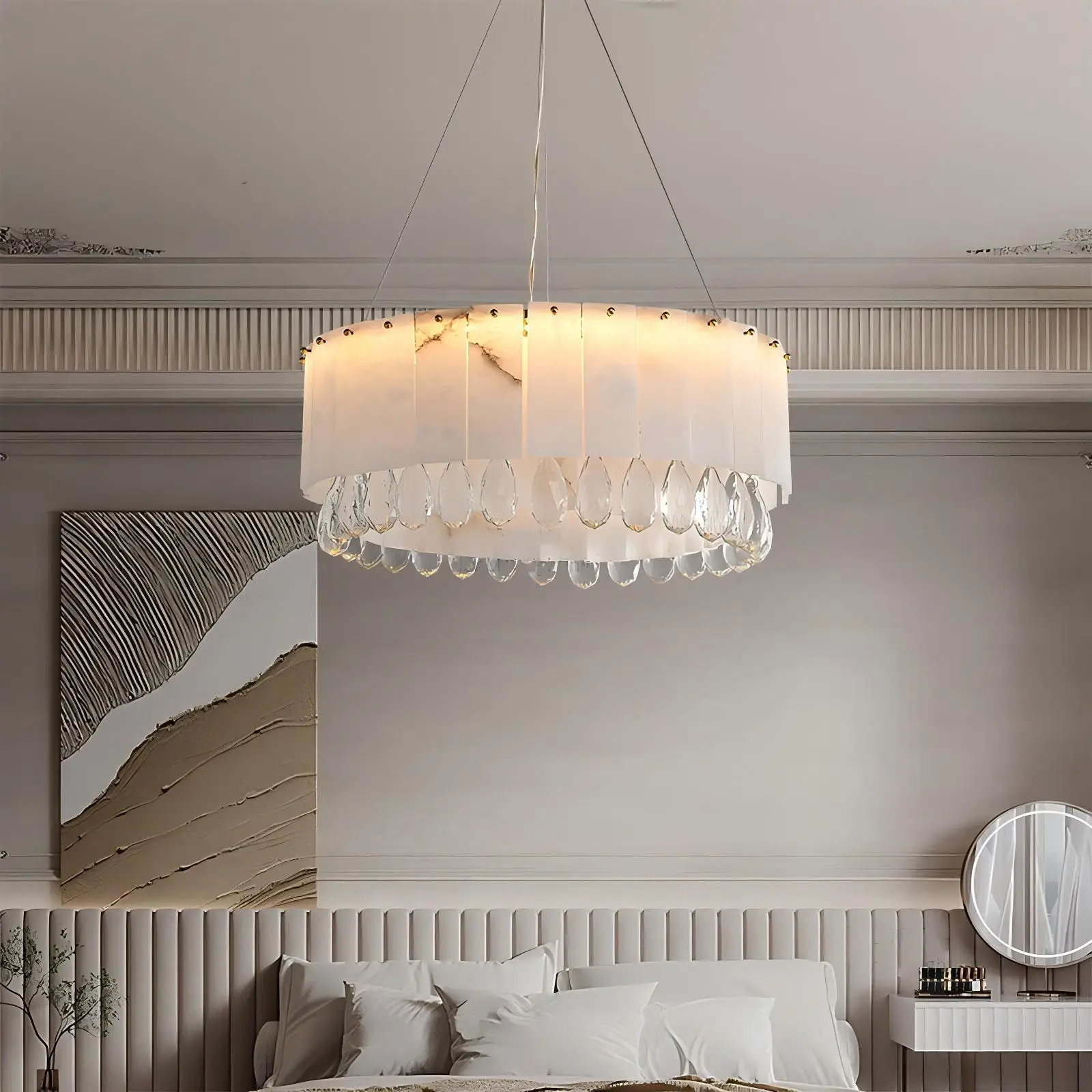 Dinning Table Hanging Decorative Round Ball Led Pendant Lamp Brass Alabaster Chandelier Luxury Snowflake Marble Lights