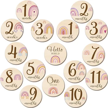 16 Set Customized Wooden Baby Milestone Discs Cards Double Sided Baby Monthly Milestone Blocks Picture Props for Newborn Gift