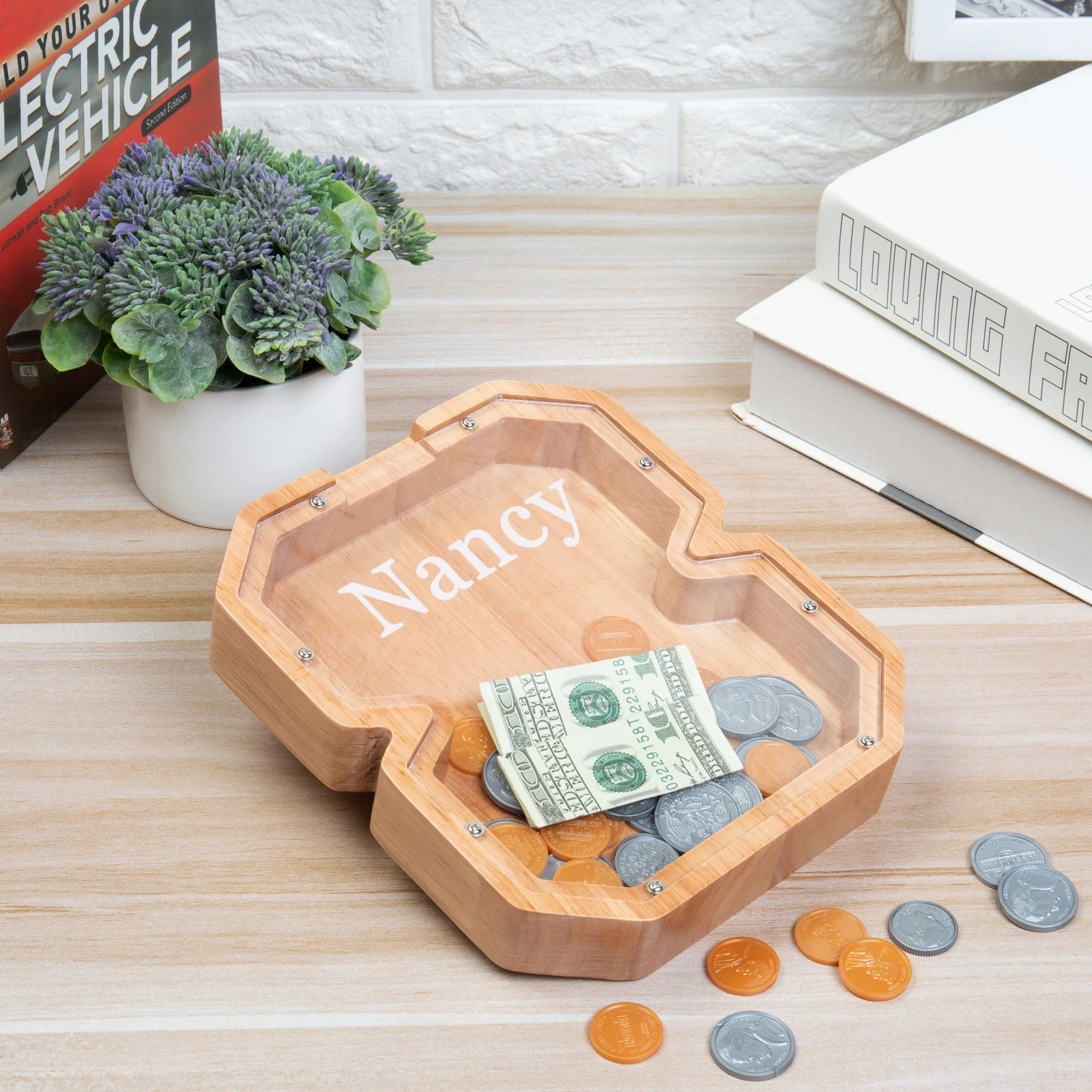 Цифровые деревянные копилки на заказ для детей, подарки с гравировкой имени на акриловых коробочках для денег