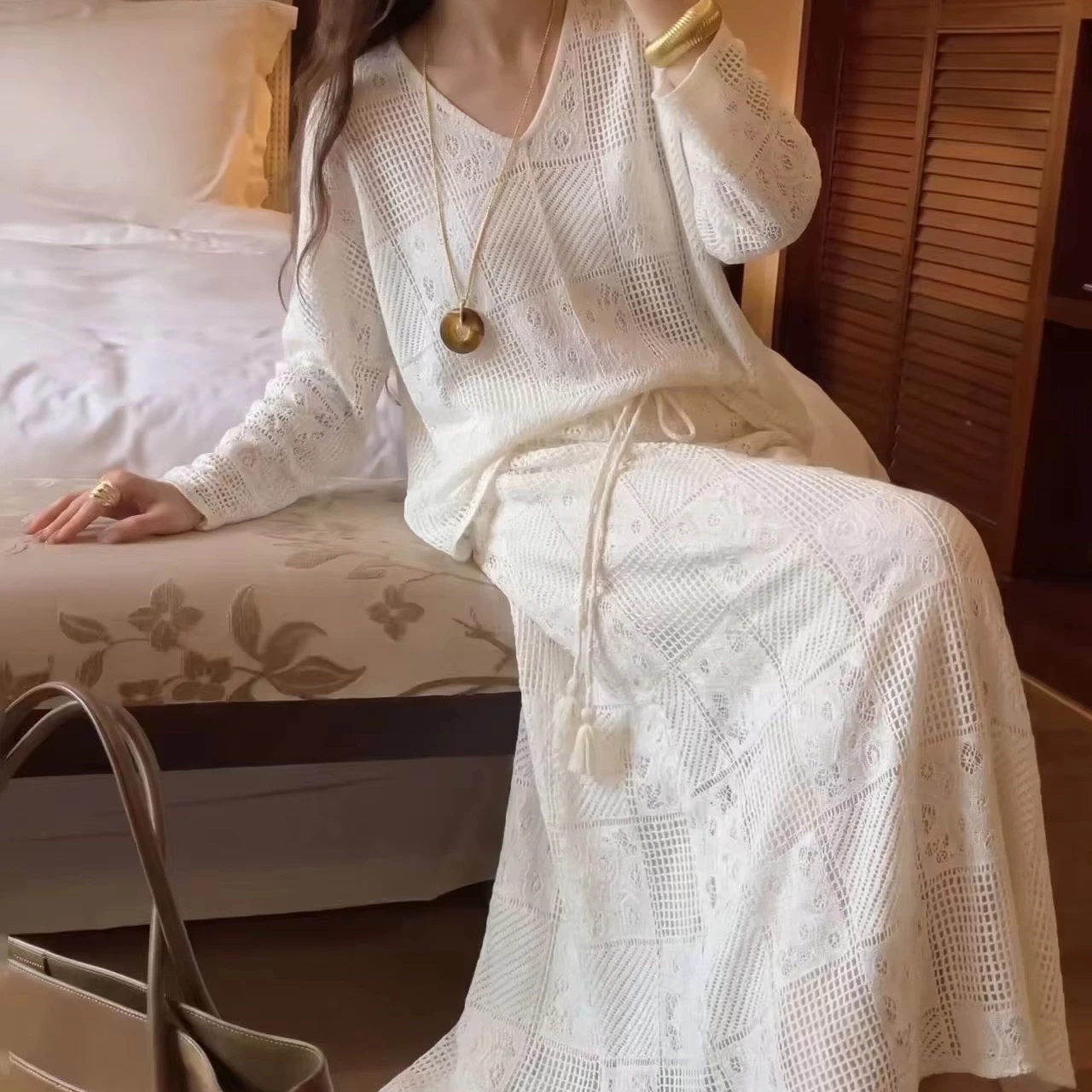 Exclusive Original Design Eco Friendly Woven Maxi Dress Elegant O Neck Pleats Ruffled Lace Details Breathable Spring Casual