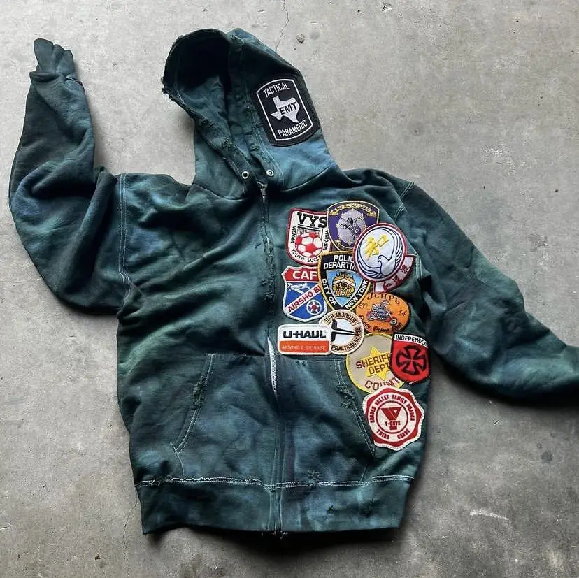 Custom Logo Zipper 100% Cotton Streetwear Unisex Zip up Pullover Vintage Acid Washed Embroidery Patch Distressed Hoodie Men gallery 2