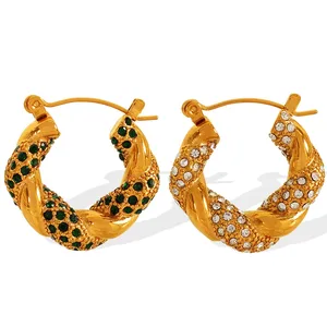 New Hot 18k Gold Plated White Green Rhinestone Earrings Tarnish-Free Trendy Small Twisted Stainless Steel Hoop Jewelry