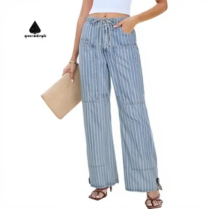 2026 Light Blue Striped Wide Leg Calcas Jeans Femininas Boyfriend Jeans Drawstring Waist Women's Baggy Denim Casual Pant