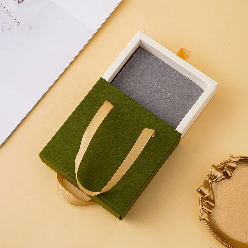 Custom Soft Foldable Cardboard Sliding Drawer Gift Box Carton With Handle Gift Jewelry Display Box With Flocked Foam Insert