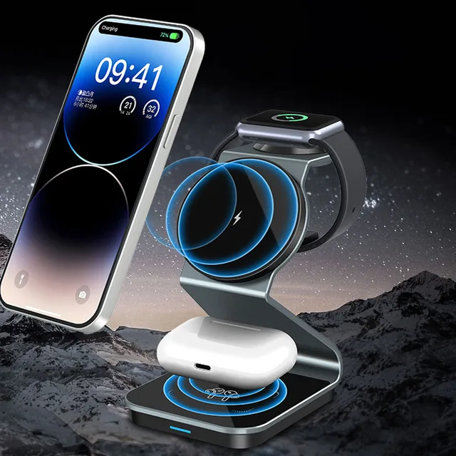 New arrivals  Portable design All- Aluminium alloy  3 in 1 magnetic wireless charger 15W Fast Charging wireless charger Stand