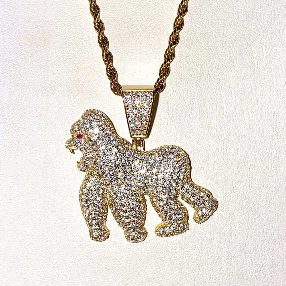 Wholesale Moissanite Zircon Hiphop Iced Out 925 Sterling Silver Monkey Animal Gorilla Jewelry Necklace Pendant