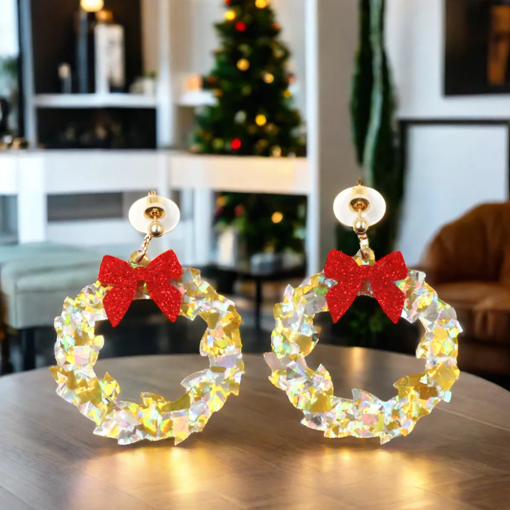 MD141ER2145 New Product Trendy Drop Wreath with Bow Christmas Acrylic Earrings Custom Plating ODM Supply Women Anniversary supplier