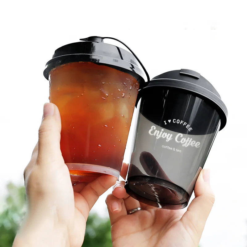 Custom Disposable 360ml PP Hard Plastic Coffee Cups with Black Dome Lids Suitable for Tea and Juice