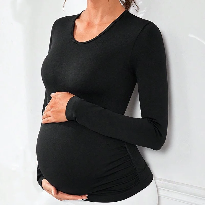 product high quality seamless high stretch maternity clothing sports tops casual style solid color long sleeve t shirt pregnant woman-59