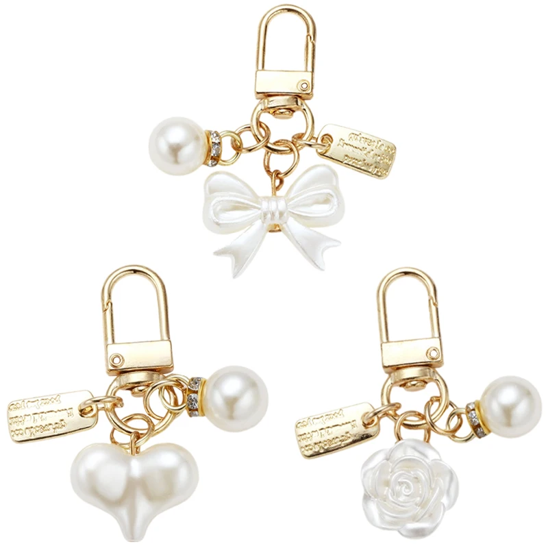 Fresh Creative New Pearl Alloy Keychain Pendant Bow Lock Key Accessories with Heart and Bag Made of Durable Acrylic Plastic
