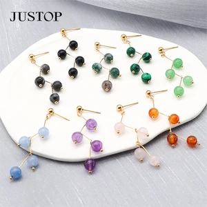 Fashion Beaded Tiger Eye Stud Stone Black Agate Colorful Yoga Pendant Trendy Stainless Steel Drop Earrings for Women 18K Gold