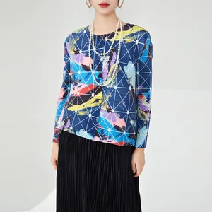 Miyake Women's Vintage Floral Printed Cardigan Casual Loose Fit Summer Jacket With Stretch Free Size Pleated Top