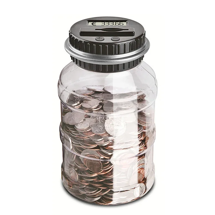 Silver 1.8L Large Digital LCD Display Coin Counting Money Saving Box Jar Bank Coins Saving Gift (Euro)