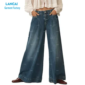 Custom Women's Jeans Wide Leg Styles Low Waist Light Blue With a Little White Washing Effects Button Waistband Wholesale