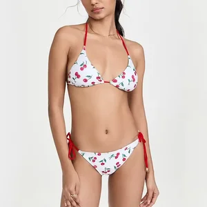 Designer Women's Halter Neck Tie Bikini High Quality Custom Cherry Print Swimsuit Breathable Brazilian Beachwear 2-Piece Set