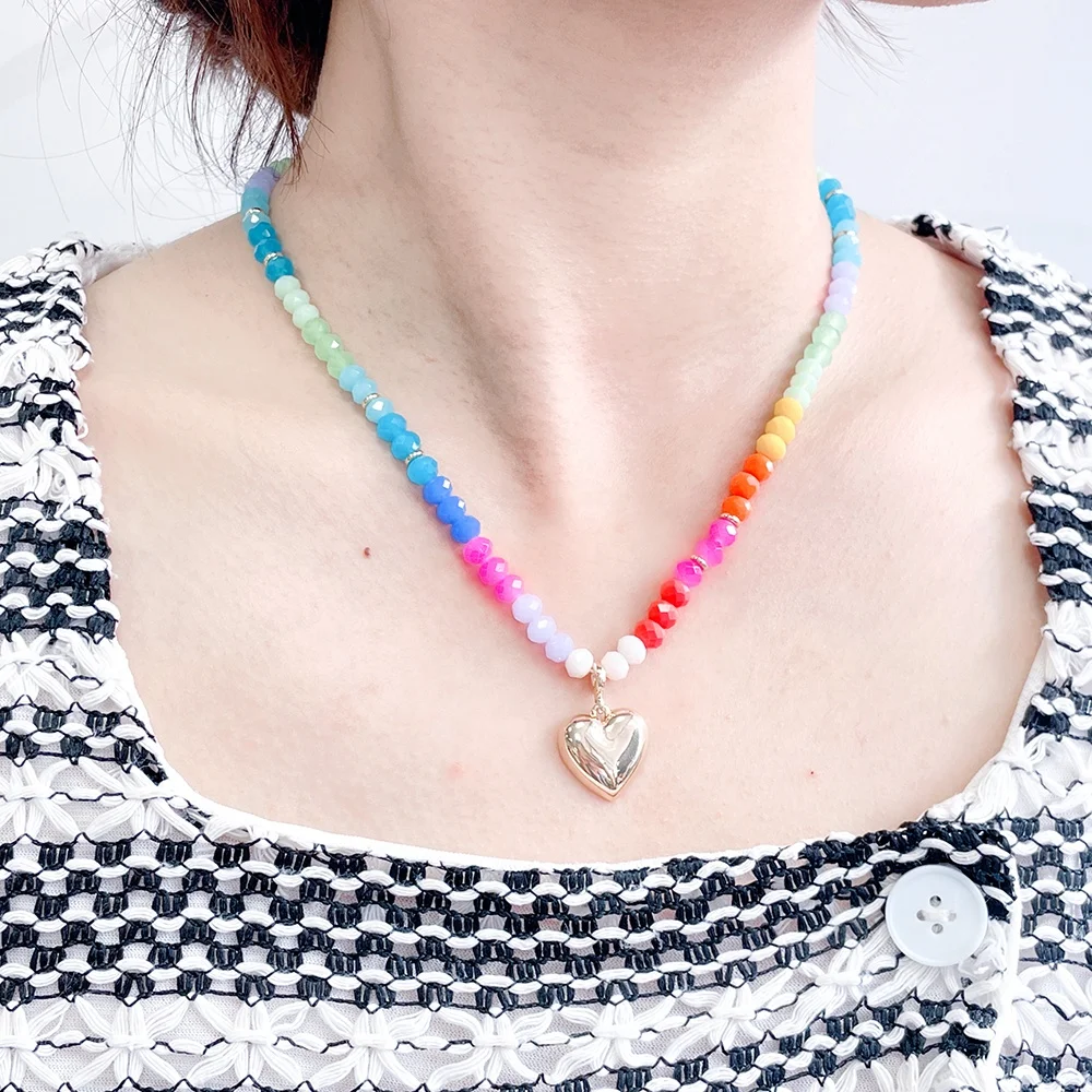 2026 New Fashion Simple Style Hot Sale Gold Plated Jewelry Heart Pendant Acrylic Colors of the rainbow Necklace for Women
