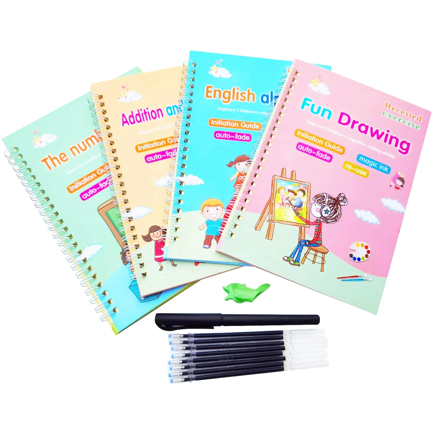 4Pcs Reusable English Alphabet Number Kids Drawing Practice Book Groove  Copybook Clear Paper 