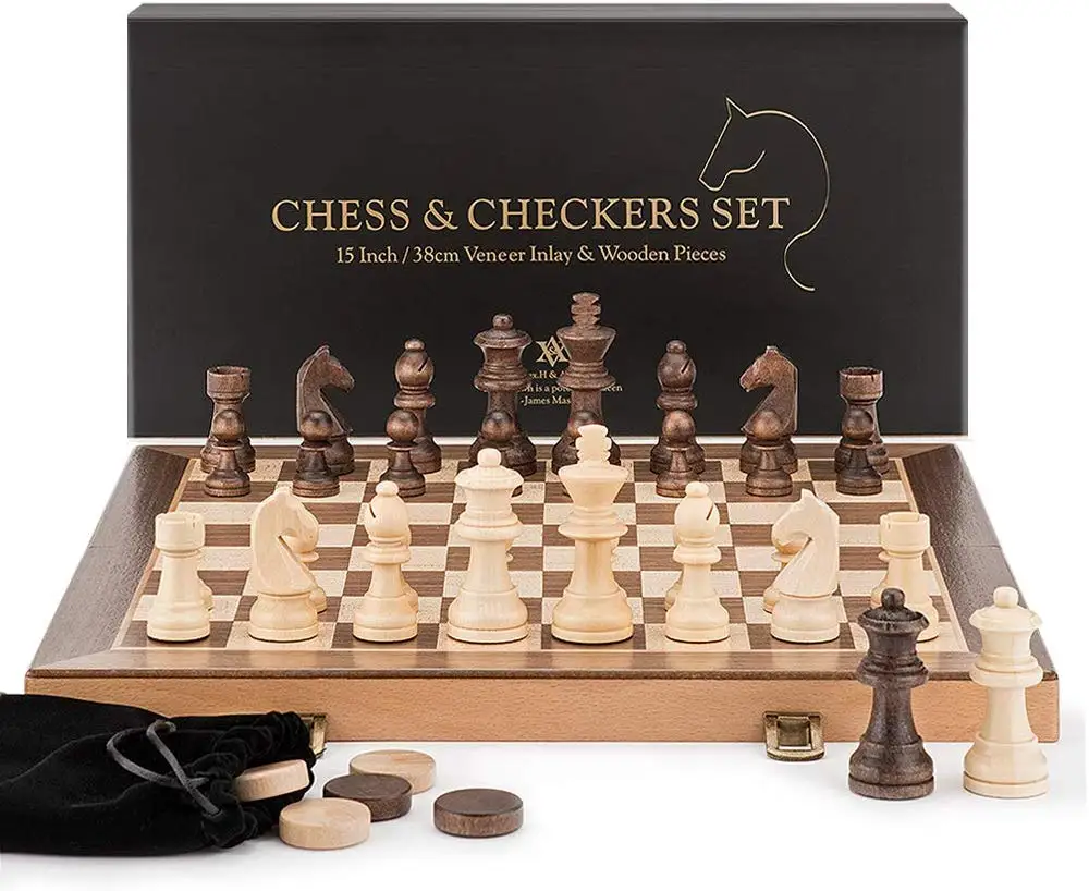2 Extra Queen German Knight Staunton Wooden Chessmen A&A 15 Folding Wooden Chess & Checkers Set w/ 3 King Height Chess Pieces Beech Box w/ Walnut & Maple Inlay 