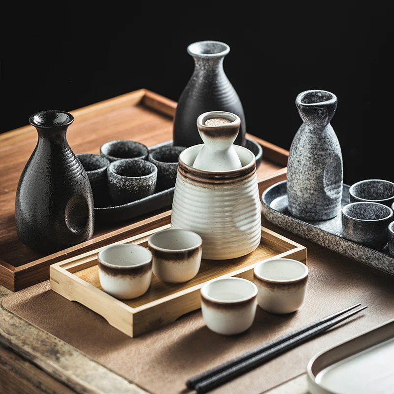 Ceramic Sake Set with Warmer Japanese Style Porcelain Hot Saki Drink Warmer Set  of 5 with 1 Sake Bottle and 4 Sake Cups
