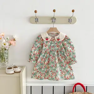Spring New Korean Style Princess Dress Strawberry Doll Collar Floral Pattern Sweet Style Baby Girls Dress Clothes for Kids