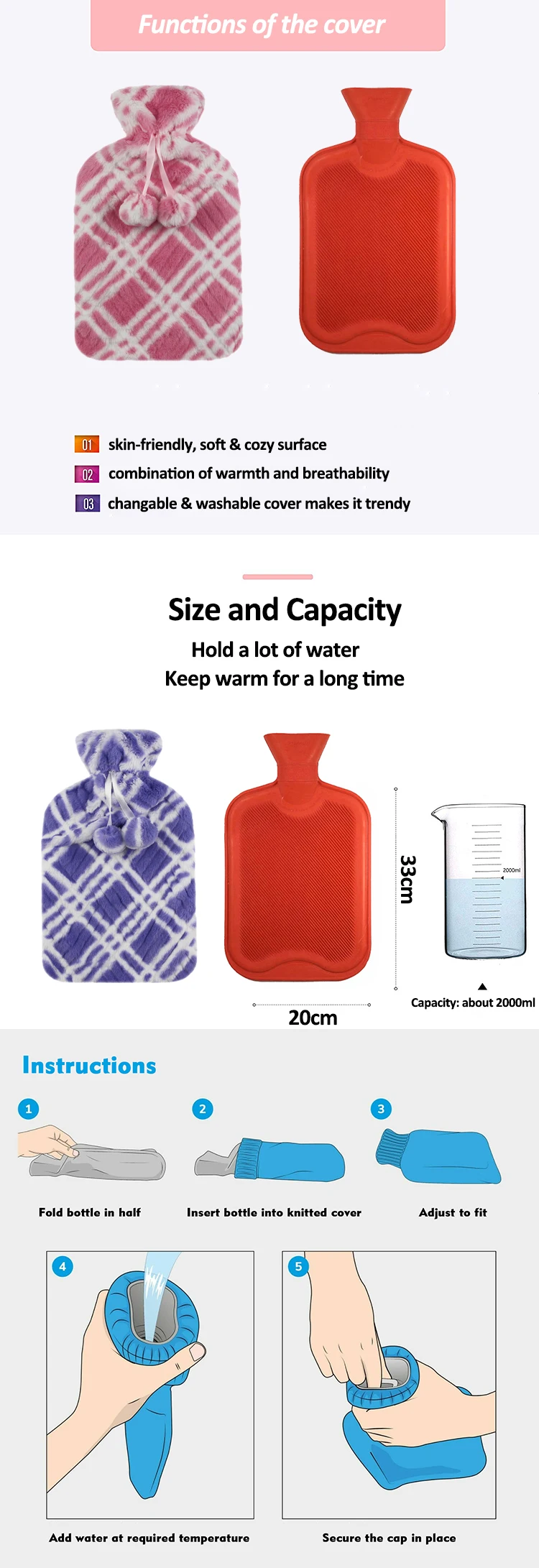 wholesale rubber hot water bottle custom warmer heat pack hot cold therapy warm water bag with cover
