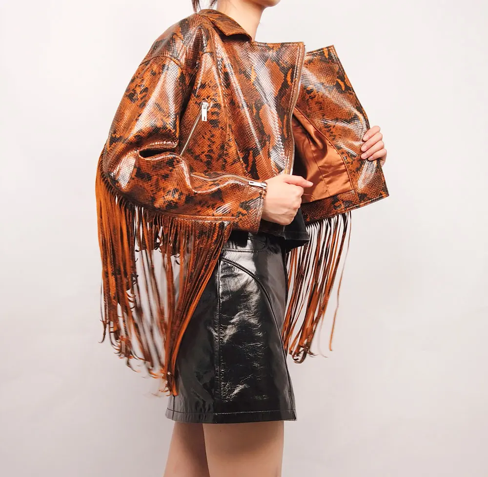 Woman's Faux PU Leather Fringe Jacket with Crocodile Skin Pattern