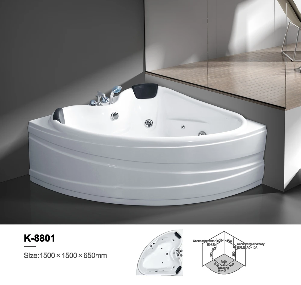 8mm Thickness 2 Person Acrylic Massage Bathtub 1500 Freestanding Corner