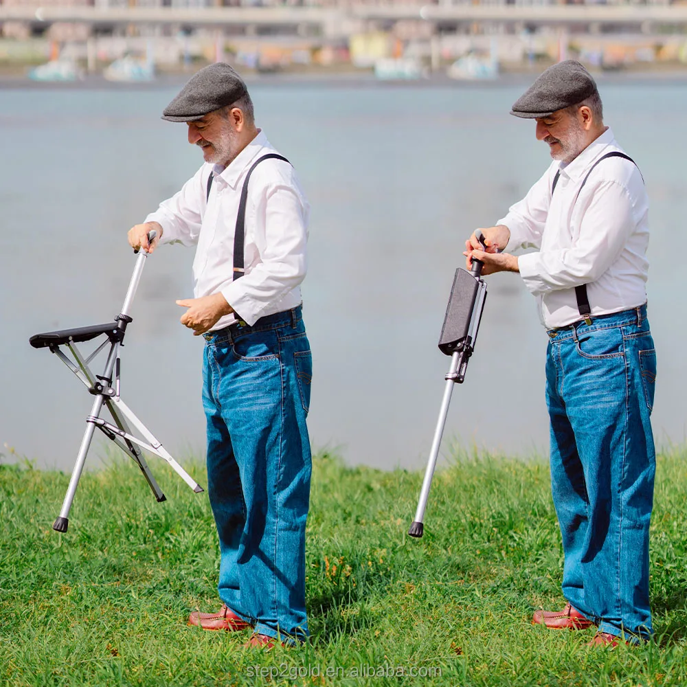 Automatically Open Ta-Da Chair Series1 Black 82cm Walking Stick Crutch Chair Stool for Mountaineering