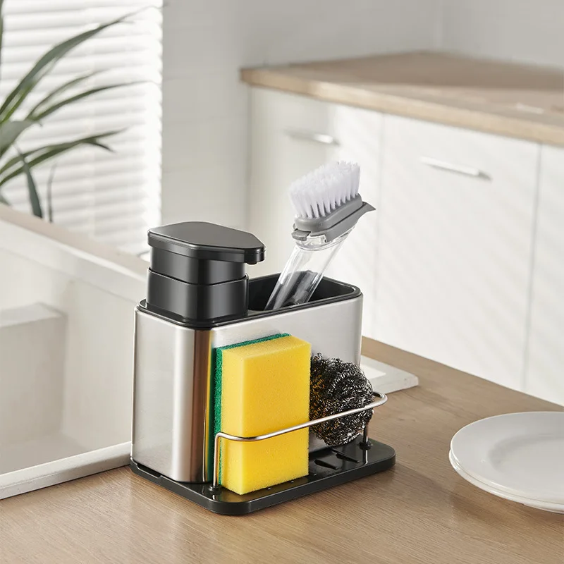 3-in-1 Sponge Holder Drainer Drying Rack for Kitchen Hardware Sink Caddy with Soap Dispenser