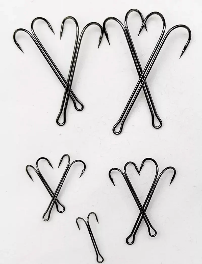TAKEDO 10 Stück 9883 runder, gebogener, langer Schaft, doppelter Angelhaken, hoher Kohlenstoffstahl, schwarzer Nickel-Barb-Angelhaken für Froschköder – Detail 5