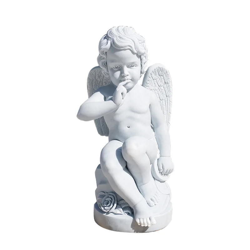 Little Angel European Statue Life Size Pedestal White Stone Carving Sculpture Marble