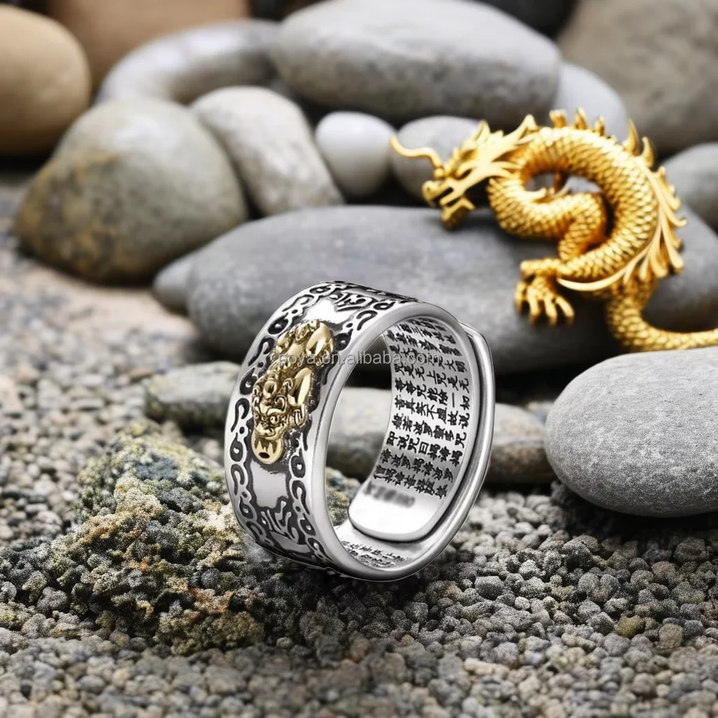 Feng Shui PiXiu Mantra Ring – 925 Sterling Silver Ganesh Ring With Heart Sutra, Vintage Style, Adjustable Sizes - View #9