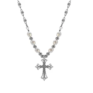 Vintage Punk Cool Titanium Cross Imitation Pearl Pendant Hip Hop Necklace Silver Plated Classic Gift for Men and Women