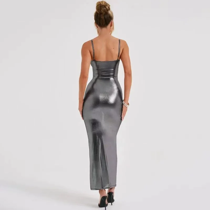 Shiny Metallic Fabric Night Club Sliver Color Slip Dress A Line One Piece Camisole Dress