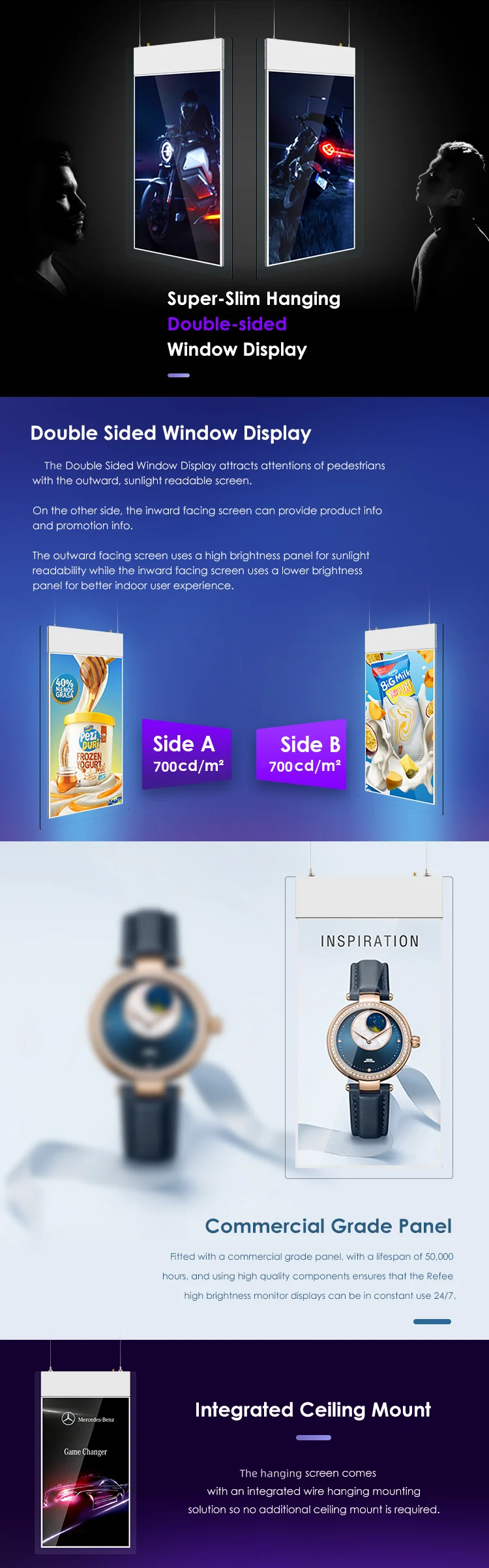 Windows Lcd Signage 49 Inch Double Sided Display Ultra Slim Digital Signage Hanging Bracket Adjustable Height Retail Store Promotion Screen