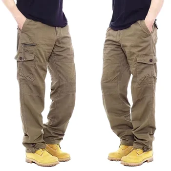 Men's Casual Cargo Pants Loose Fit Cotton Trousers with Multi-Pockets Embroidered Tie-Dye Decoration Dark Wash Logo on Waist
