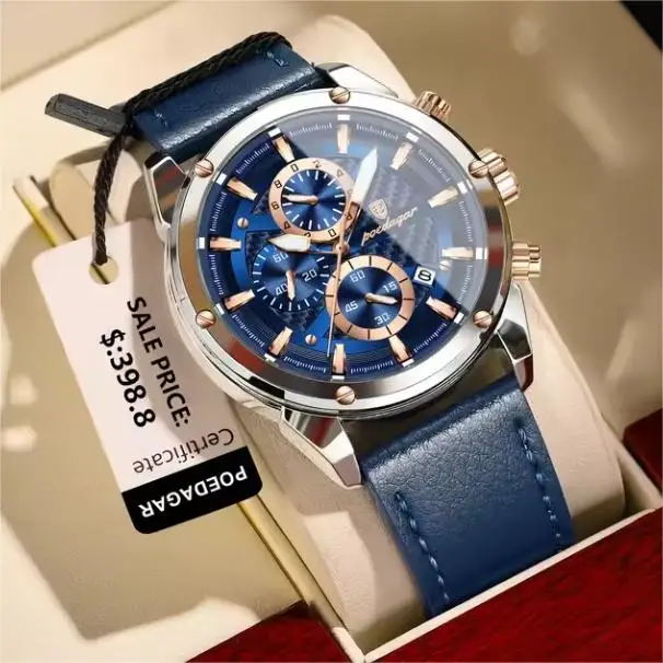 POEDAGAR 860 Fashion Classic Genuine Leather Band Clock Hardlex Dial Window Material Men Wristwatch Blue Color Auto Date Watches